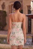 Sparkly White Pink Flower Bodycon Sequins Cocktail Dress with Fringes