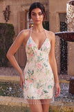 Sparkly White Pink Flower Bodycon Sequins Cocktail Dress with Fringes
