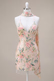 Sparkly White Pink Flower Bodycon Sequins Cocktail Dress with Fringes