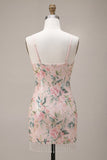 Sparkly White Pink Flower Bodycon Sequins Cocktail Dress with Fringes