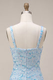 Sparkly Bodycon Sky Blue Thick Straps Sequin Mini Cocktail Dress with Slit