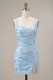 Sparkly Bodycon Sky Blue Thick Straps Sequin Mini Cocktail Dress with Slit