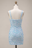 Sparkly Bodycon Sky Blue Thick Straps Sequin Mini Cocktail Dress with Slit