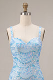 Sparkly Bodycon Sky Blue Thick Straps Sequin Mini Cocktail Dress with Slit