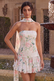 Strapless White Pink Flower A-Line Mini Sequin Party Dress with Neck Scarf