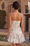 Strapless White Pink Flower A-Line Mini Sequin Party Dress with Neck Scarf