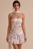 Strapless White Pink Flower A-Line Mini Sequin Party Dress with Neck Scarf