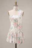 Strapless White Pink Flower A-Line Mini Sequin Party Dress with Neck Scarf