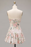Strapless White Pink Flower A-Line Mini Sequin Party Dress with Neck Scarf