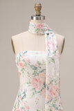 Strapless White Pink Flower A-Line Mini Sequin Party Dress with Neck Scarf