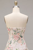Strapless White Pink Flower A-Line Mini Sequin Party Dress with Neck Scarf
