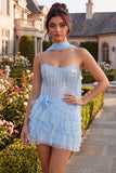 Strapless Corset Ruffled Sky Blue Sequin Mini Party Dress with Neck Scarf