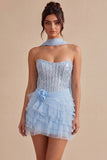 Strapless Corset Ruffled Sky Blue Sequin Mini Party Dress with Neck Scarf