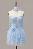 Strapless Corset Ruffled Sky Blue Sequin Mini Party Dress with Neck Scarf