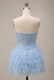 Strapless Corset Ruffled Sky Blue Sequin Mini Party Dress with Neck Scarf