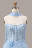 Strapless Corset Ruffled Sky Blue Sequin Mini Party Dress with Neck Scarf