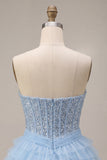 Strapless Corset Ruffled Sky Blue Sequin Mini Party Dress with Neck Scarf