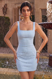 Sky Blue Bodycon Square Neck Short Graduation Dress with Beading