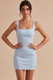 Sky Blue Bodycon Square Neck Short Graduation Dress with Beading