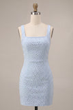 Sky Blue Bodycon Square Neck Short Graduation Dress with Beading