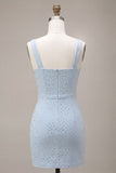 Sky Blue Bodycon Square Neck Short Graduation Dress with Beading
