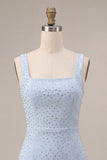 Sky Blue Bodycon Square Neck Short Graduation Dress with Beading