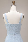 Sky Blue Bodycon Square Neck Short Graduation Dress with Beading
