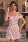 Sparkly Pink A-Line Off the Shoulder Sequins Cocktail Dress