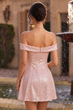 Sparkly Pink A-Line Off the Shoulder Sequins Cocktail Dress