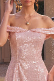 Sparkly Pink A-Line Off the Shoulder Sequins Cocktail Dress