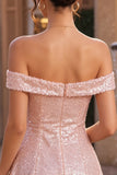Sparkly Pink A-Line Off the Shoulder Sequins Cocktail Dress