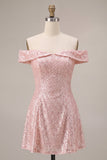 Sparkly Pink A-Line Off the Shoulder Sequins Cocktail Dress