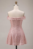 Sparkly Pink A-Line Off the Shoulder Sequins Cocktail Dress