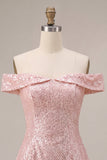 Sparkly Pink A-Line Off the Shoulder Sequins Cocktail Dress