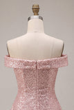 Sparkly Pink A-Line Off the Shoulder Sequins Cocktail Dress