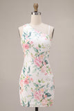 Sparkly White Pink Flower Bodycon Sequins Cocktail Dress