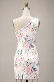 Sparkly White Pink Flower Bodycon Sequins Cocktail Dress