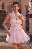 Pink A-Line Tulle Corset Cocktail Dress with 3D Flowers