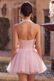 Pink A-Line Tulle Corset Cocktail Dress with 3D Flowers