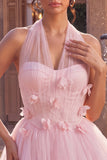 Pink A-Line Tulle Corset Cocktail Dress with 3D Flowers
