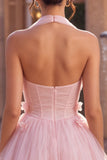 Pink A-Line Tulle Corset Cocktail Dress with 3D Flowers