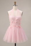 Pink A-Line Tulle Corset Cocktail Dress with 3D Flowers