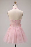 Pink A-Line Tulle Corset Cocktail Dress with 3D Flowers