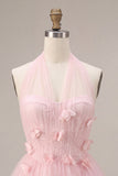 Pink A-Line Tulle Corset Cocktail Dress with 3D Flowers