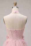 Pink A-Line Tulle Corset Cocktail Dress with 3D Flowers