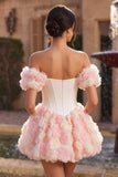 White and Pink A-Line Off the Shoulder Corset Floral Cocktail Dress