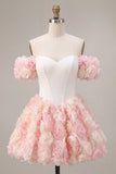 White and Pink A-Line Off the Shoulder Corset Floral Cocktail Dress