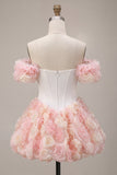 White and Pink A-Line Off the Shoulder Corset Floral Cocktail Dress
