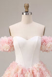 White and Pink A-Line Off the Shoulder Corset Floral Cocktail Dress