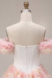 White and Pink A-Line Off the Shoulder Corset Floral Cocktail Dress
